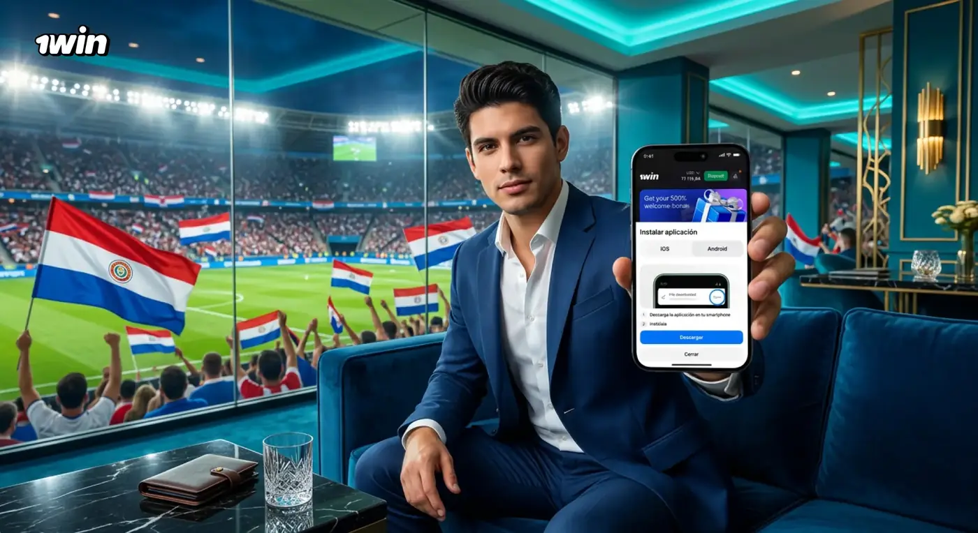 Hombre en un palco frente a un estadio con banderas de Paraguay muestra la instalación de la app de 1win en su celular