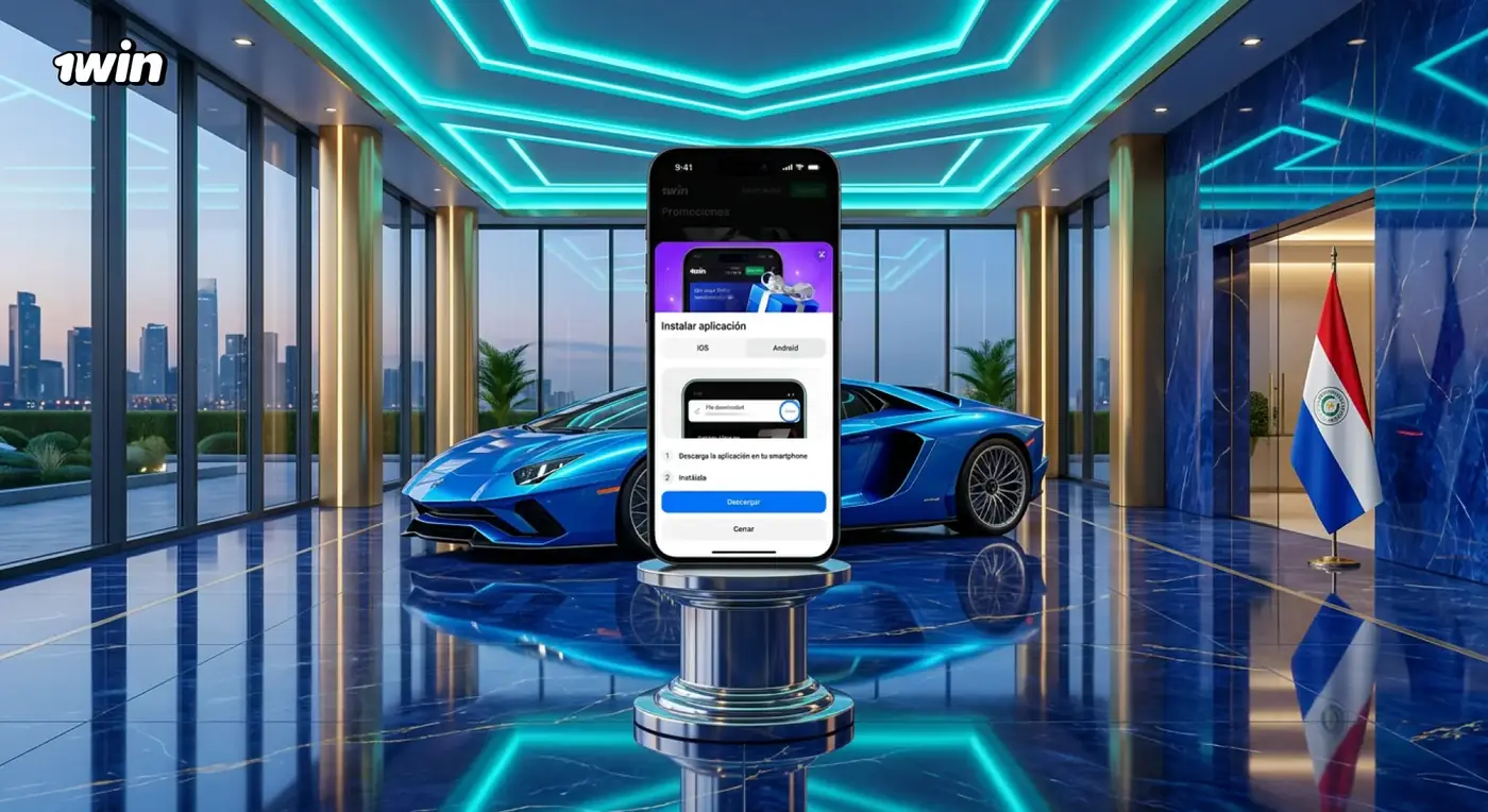 Celular con la pantalla de instalación de la app de 1win en un salón con un auto deportivo y la bandera de Paraguay