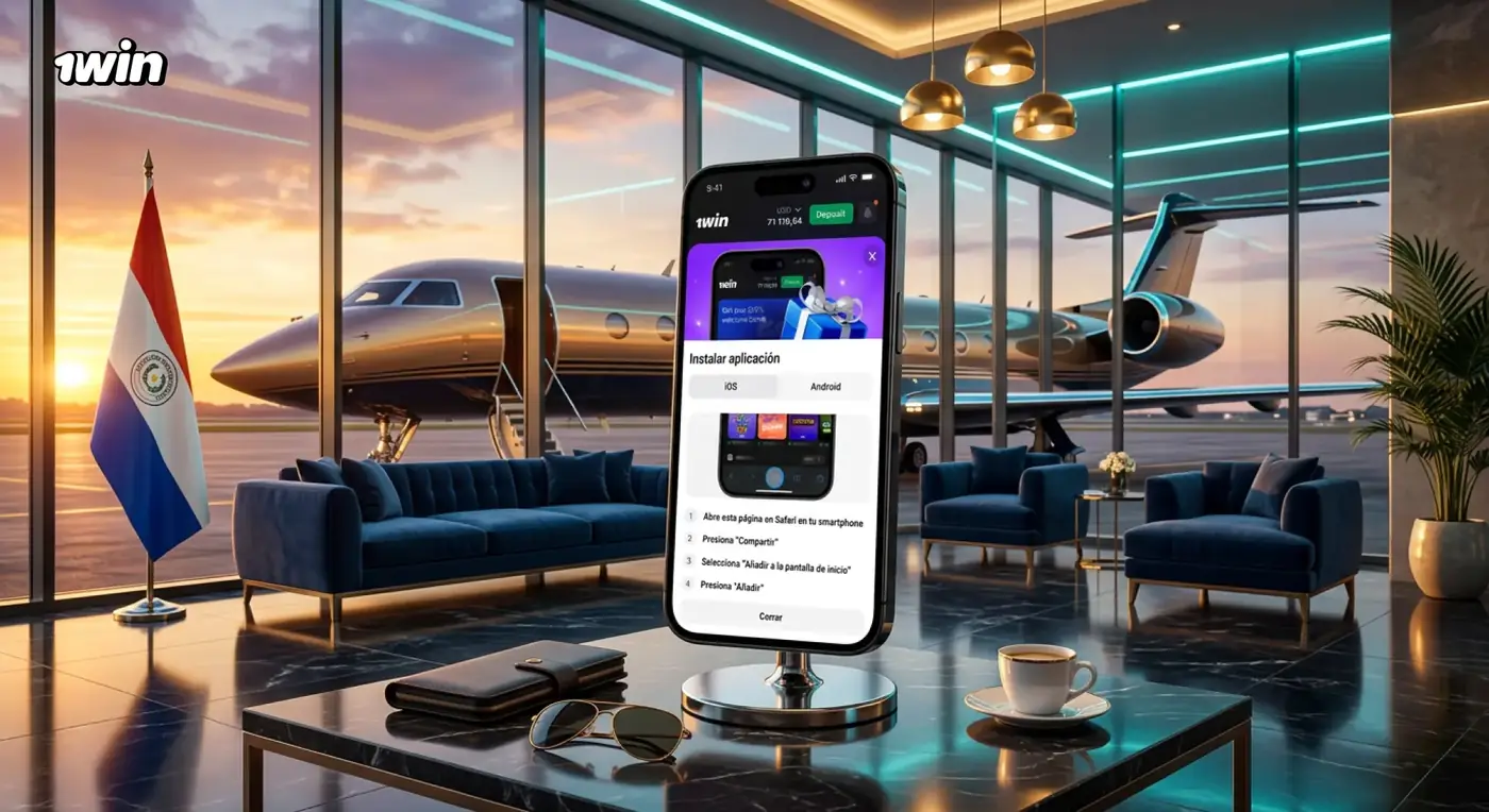 Celular con el acceso directo de 1win en una sala de aeropuerto al atardecer con la bandera de Paraguay