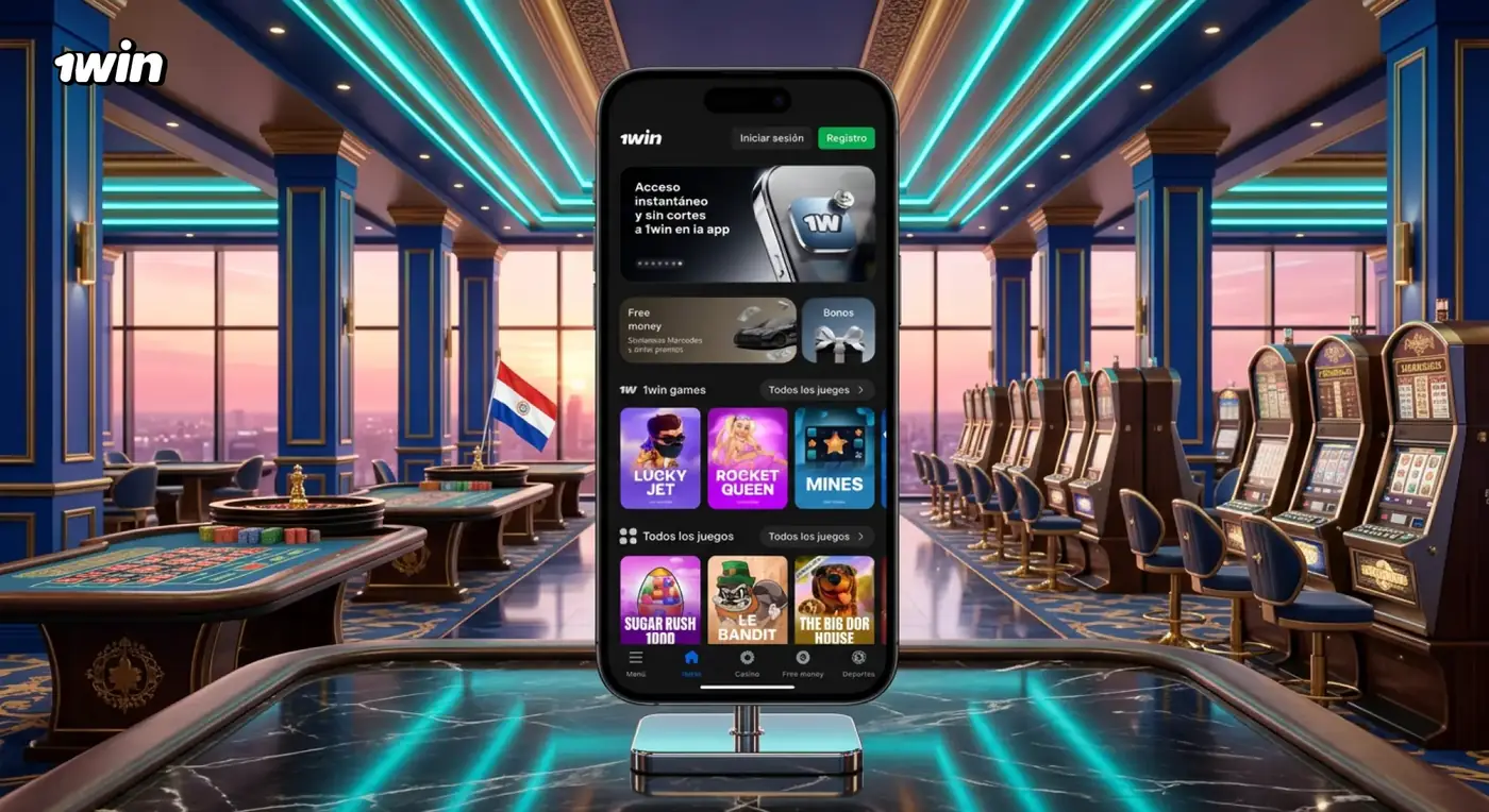 Celular con el lobby de 1win sobre un pedestal en una sala de casino con la bandera de Paraguay