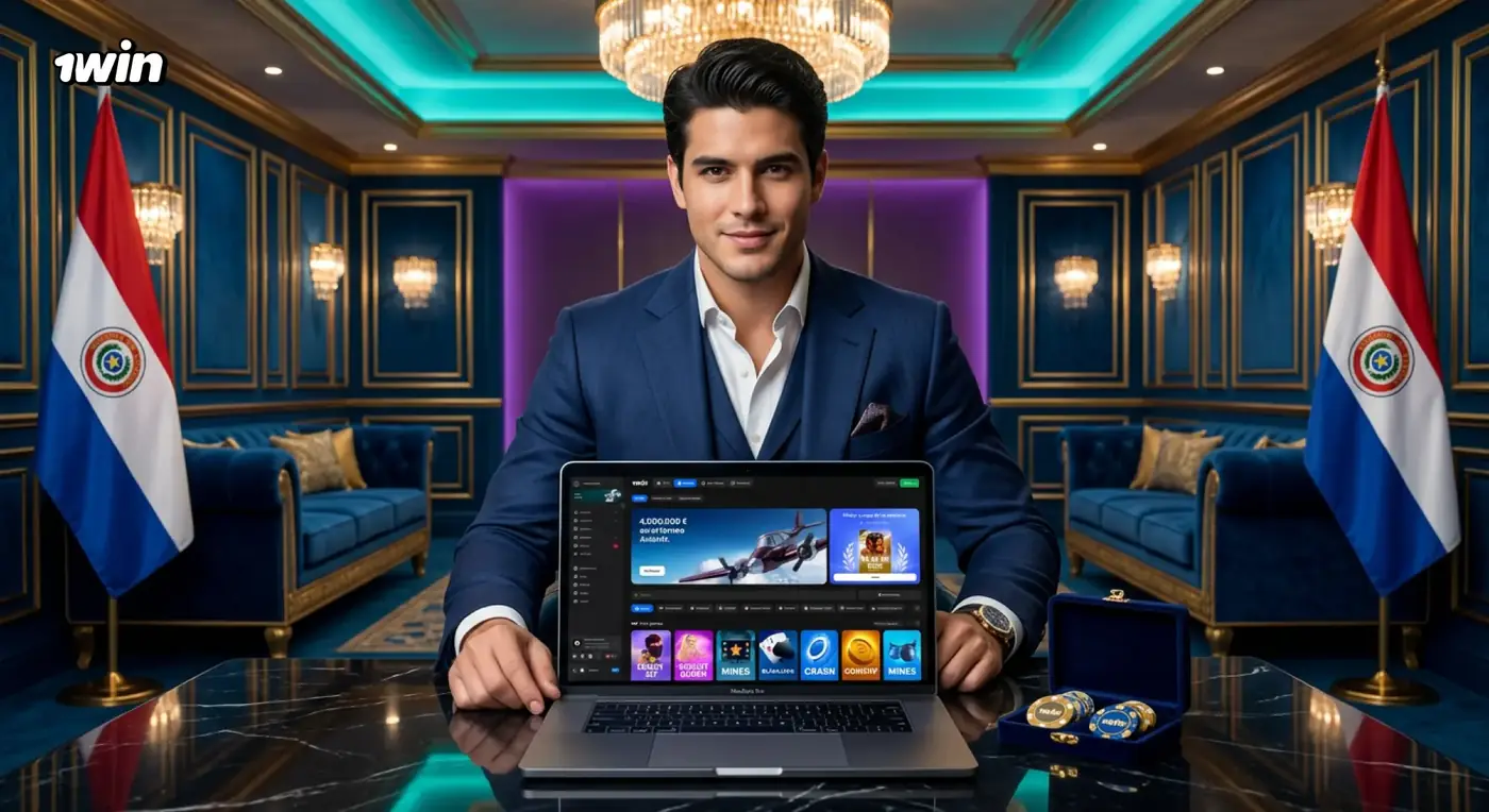 Hombre de traje juega en 1win desde una laptop en un salón VIP con banderas de Paraguay